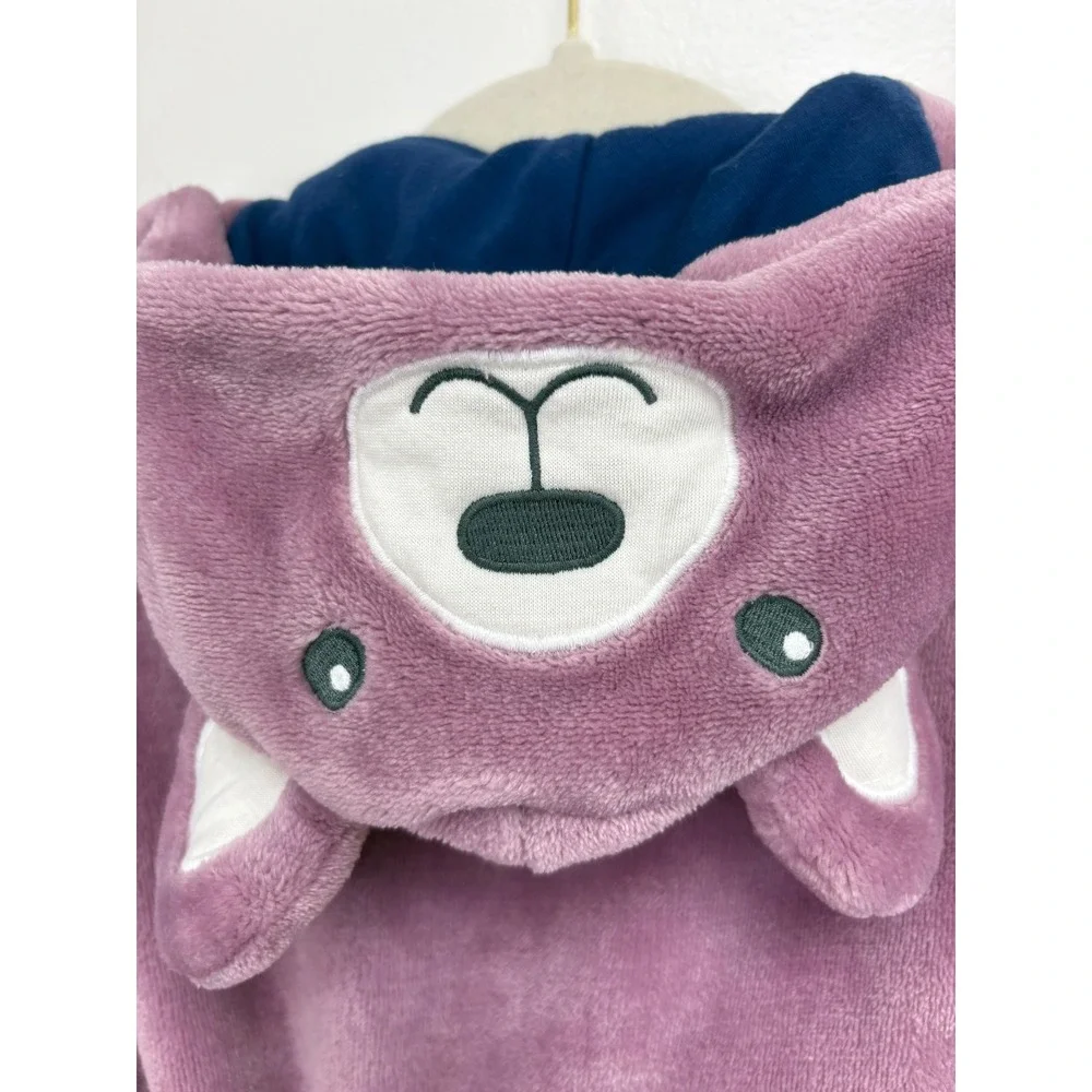 L.L. Bean Big Kids Cozy Hooded Bear Robe Size 4 Plush Purple Pockets Wrap Tie